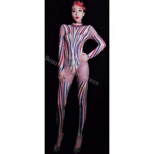 Bright Blue Red Rhinestones Mesh Jumpsuit Women Birthday Bar Dance Clothes Nightclub Dance Female Singer Show Bright Bodysuit