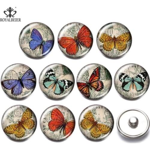 10pcs/lot Glass Snap Button 18mm Jewelry Colorful Glamour Butterfly Glass Charms Fit 18mm Snaps Bracelet Snap Jewelry