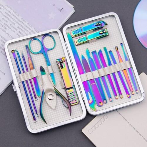 18Pcs/Set Stainless Steel Rainbow Tweezer Clipper Dead Skin Remover Edge Nail Clipper Cutter Nail Art Pusher Nail Art Tool