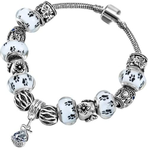 20Pcs Handmade Dog Paws Puppy Footprint Color Resin Murano Big Hole Round Loose Spacer Beads Silver Plated for Bracelet Jewelry