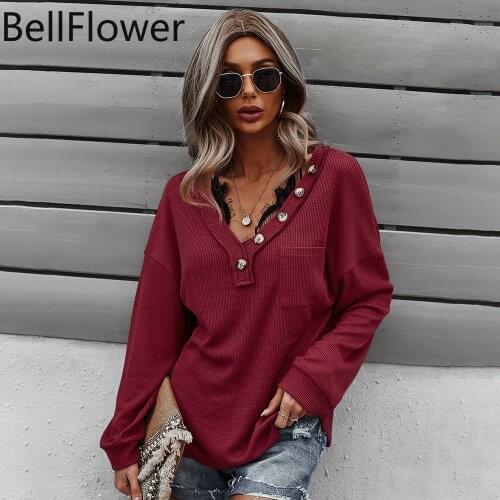 2021 Winter Womens Knitted Pullover Solid Casual Pockets V-Neck Button Decoration Loose Long Sleeve Sexy Women Clothing