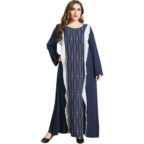 Large Womens Round Neck Long Sleeve Fashion Ruffle Contrast Moslem Casual Dress For Dubai Girls Mc2072