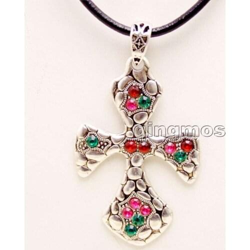 Big 40*70mm White Cross With Multicolor crystal Pendant 17-19'' Leather necklace -nec6153 wholesale/retail Free ship