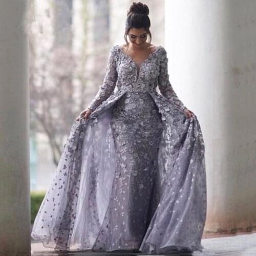 Long Sleeves Lace Muslim Mermaid Evening Dress 2021 V-neck Flowers Islamic Dubai Saudi Arabic Prom Evening Gown Long