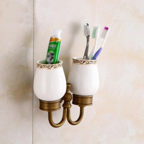 Double Cups for Tooth Brush and Toothpaste, Hotel Bathroom Collection, Solid Brass / Ceramic Material, Antique Bronze finishes