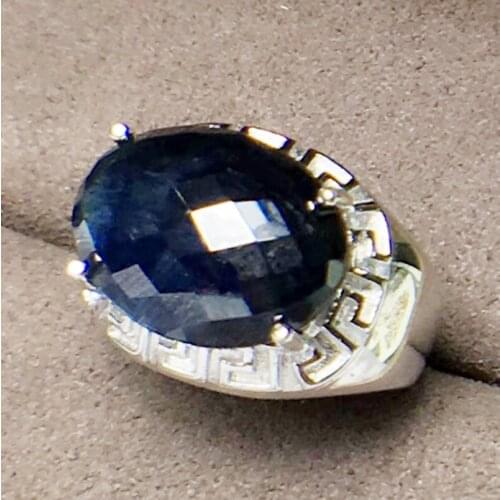 Per jewelry Men ring Natural real black sapphire rings Free shipping 10*14mm 7.5ct big gemstone 925 sterling silver Q20587