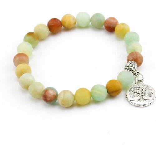 Nature 8MM Matte Amazonite Stone Bracelet Mens Beads Charm Bracelet Tree Life Bracelet for Mens Stretch Rope Braclets