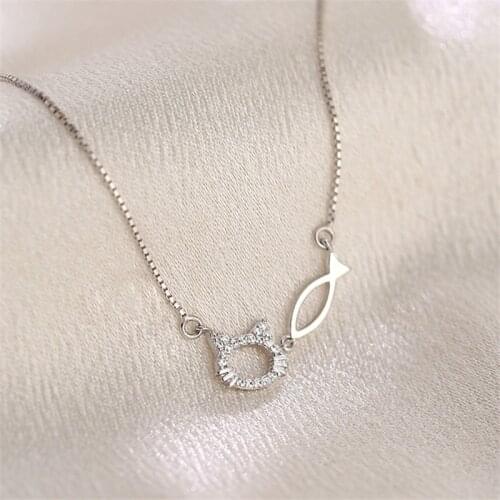 925 Sterling Silver Box Chain Cat Fish Charm Pendants Necklace For Women Girls Statement Fashion Jewelry dz707