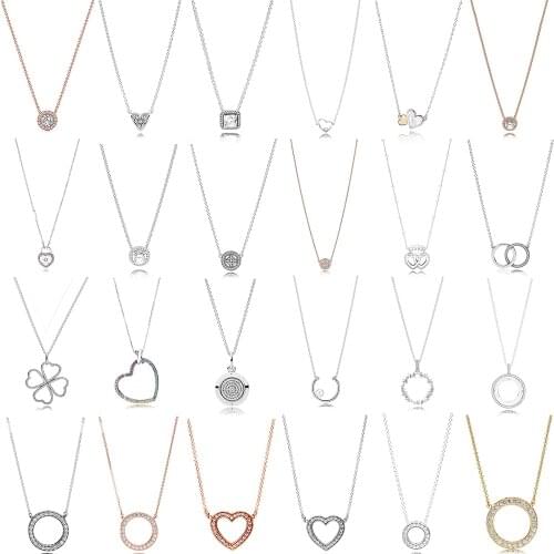 New 100% 925 Sterling Silver Round Heart-shaped Romantic With Clear CZ Simple Necklace For Women Original Fashion Jewelry Gift