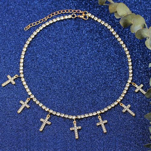Punk Hip-hop Cross Crystal Choker Necklace for Women Gold Color Shiny Rhinestone Tennis Chain Necklace Fashion Jewely Gift