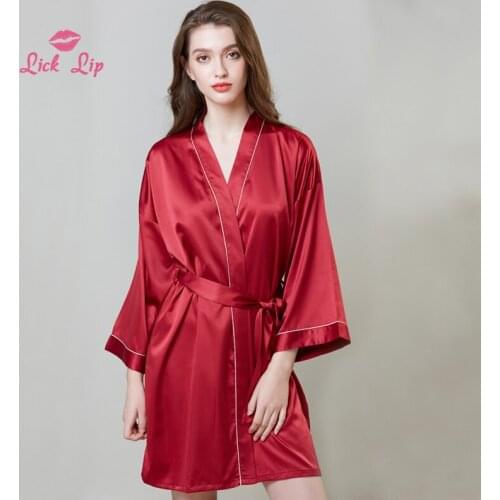 Lick Lip Sexy Satin Females Bathrobe Full Sleeve Mini Plus Size Sleepwear Women 4 Solid Colors Silk Robes For Ladies SWC6992-47