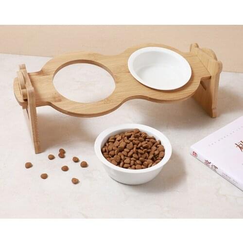 Raised Pet Bowls For Cats And Dogs Adjustable Bamboo Elevated Dog Cat Food And Water Bowls Stand Feeder With 2 Ceramic Bowl