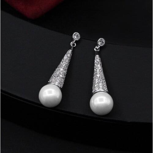 Simple Long Pearl Drop Earring for Women Trendy Cubic Zirconia Wedding Party Jewelry