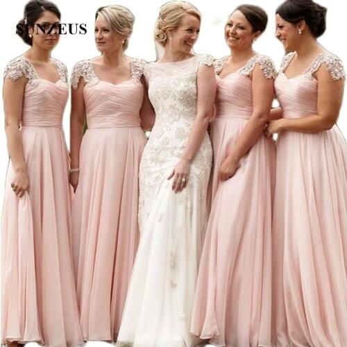 Pink Chiffon A-Line Bridesmaid Dresses Long Sweetheart Pleats Cap Sleeve Beaded Appliques Wedding Party Dresses SBD29