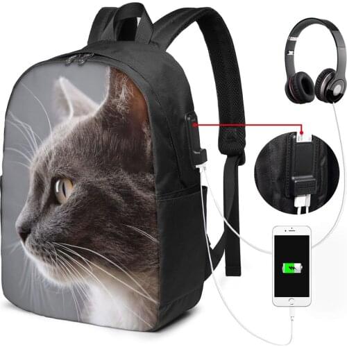 Custom Design Women Cat Backpack 17in Women Business Laptop Backpack USB Charge Hole Men Travelling Backpack Daypacks