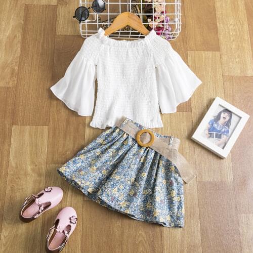 Girls Clothes Set Flare Sleeve Off Shoulder Tops +Flower Print Tutu Skirt Sweet Princess Kids Summer Outfit For Children