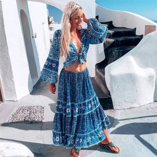 Jastie Vintage Floral Printed Skirt Women Hippie Chic Tassle Elastic Waist Casual Beach Skirts Boho Bottom A-Line Femme faldas