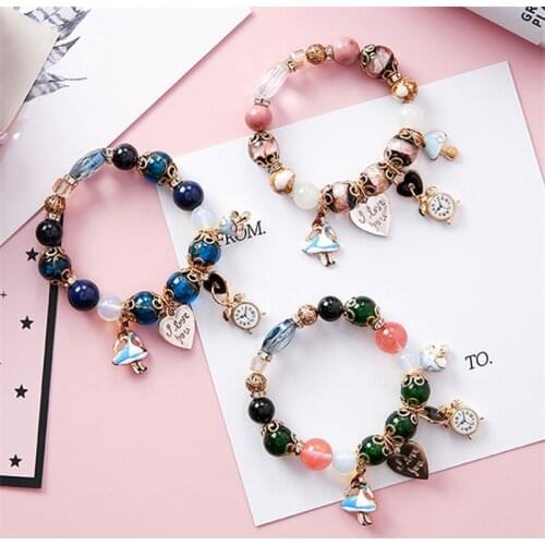 Bohemia Ethnic Style Sweet Girl Alice Clock Love Letter Lock Beads Bracelet for Women In Wonderland Fashion Jewelry Accessories