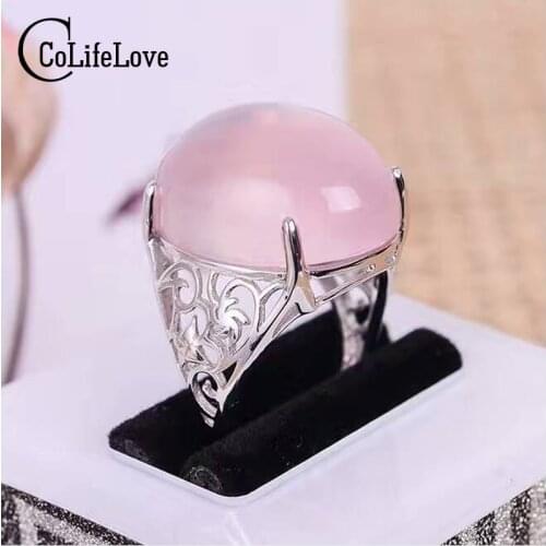 Romantic Pink Gemstone Ring for Woman 15*20mm 15ct Natural Rose Quartz Ring Solid 925 Silver Rose Quartz Ring Fashion Gift