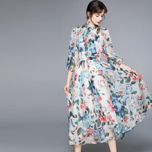 Summer Runway Fashion Long Vacation Dress Women 3/4 Sleeve Elegant Bow Floral print Chiffon Boho Midi Dress k7036