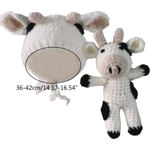 24BE Newborn Infant Photography Prop Crochet Knit Beanie Hat with Stuffed Cow Tooy