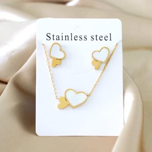 Double Heart Shell Pendant Necklace and Stud Earrings Gold Stainless Steel Jewelry Set for Girl Women Gift Accessories