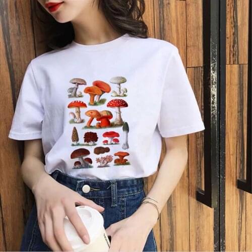 Mushroom Cartoon Print T shirt Women Graphic Summer Short Sleeve 90s Fashion Clothes Lady Tops tees shirt femme mujer