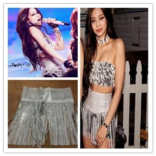 Kpop Korean Celebrity Dance Show Rhinestone Crystal Shiny Tassel Skirt Women Club Sexy Loose High Waist Perspective Mini Skirt
