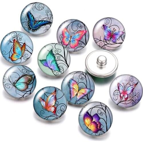 Beauty Butterfly Patterns vintage 18mm snap buttons 10pcs mixed round photo glass cabochon style for snap button jewelry
