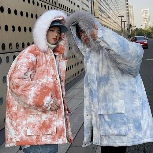 Fashion Jacket Women Fur Collar Tie Dye Winter Clothes Jackets For Women Jacket Plus Size Clothing Cotton Couple Coat Ins Hot