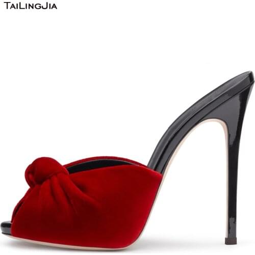 Women High Heel Knotted Mules 2021 Sexy Ladies Black Red Velvet Summer Shoes Peep Toe Sandals Party Evening Dress Heels Big Size