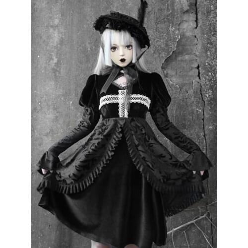 Original Halloween Costume Gothic Dark Black velvet lace puff long sleeve Hollow Out Stand Collardress autumn girls vestidos