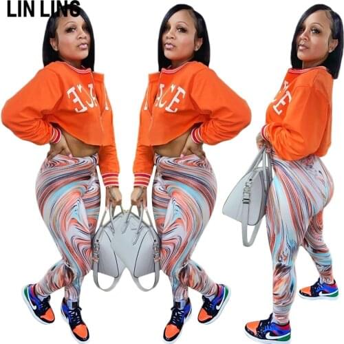 LINLING Autumn Two Piece Open Navel Letter Zipper Jacket + Bright Ins Style Marbling Leggings High Waist Sports Suit