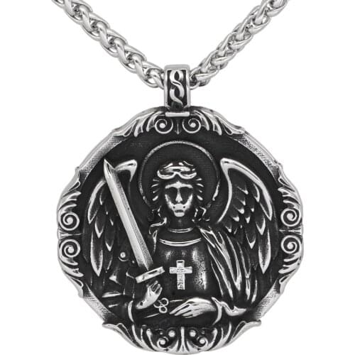 Stainless Steel ST.MICHAEL ARCHANGEL CROSS SHIELD PRAYER MEDAL Amulet NECKLACE