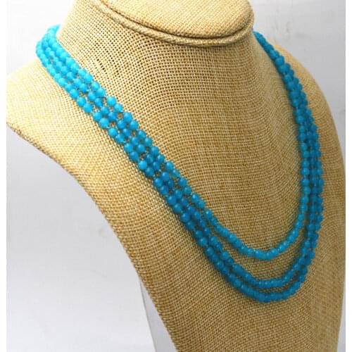 Hot sell hand knotted 3 rows 4mm blue green pink bead necklace 17-19 " fashion jewelry