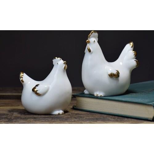 Gold-plated Ceramic Statue Cock Hen Miniature Figurines Living Room Decoration Crafts Porcelain Sculpture Home Decor Modern