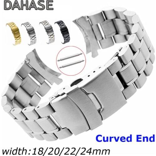 Stainless Steel Watch Band 18mm 20mm 22mm 24mm Strap Wristband Curved End Watch Strap Double Lock Buckle Replacement Wrist Belt