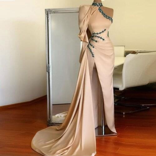 Blush Pink Satin One Shoulder Evening Gowns High Neck Beaded Sexy Side Split Prom Dresses Saudi Arabia Ruffle Robe De Soiree New