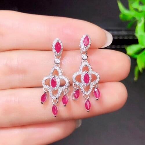 Natural red ruby stone drop earrings 925 silver Natural gemstone earring Luxurious Restoring big Tassel women party jewelry