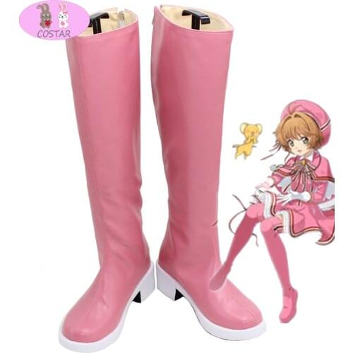 COSTAR New Cardcaptor Sakura Clear Card Cosplay Shoes Knee Length PU Leather Cosplay Boots Pink High Heels Zipper Type Size
