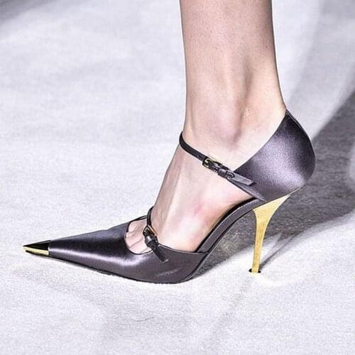 Pointed Metallick Toe Pumps High Heel Ankle Buckle Corver Hell Ladies Shoes Cut Out Silk Material Stiletto Heel Women Dress Shoe