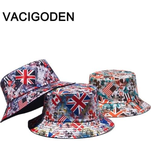VACIGODEN Women Reversible Bucket Hat National Flag Printed Sunbonnet Fedoras Outdoor Chapeau Fisherman Caps De Pescador Gorros
