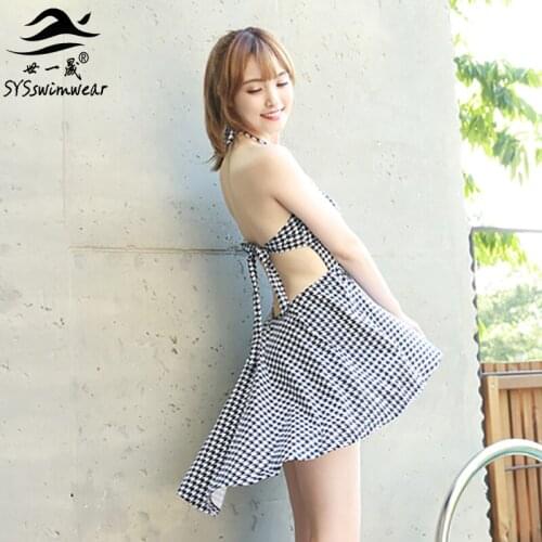 High Quality Houndstooth Backless Dovetail skirt One Pieces Swimwear Halter Black Shorts two pieces Swimsuit Push Up Bathingsuit