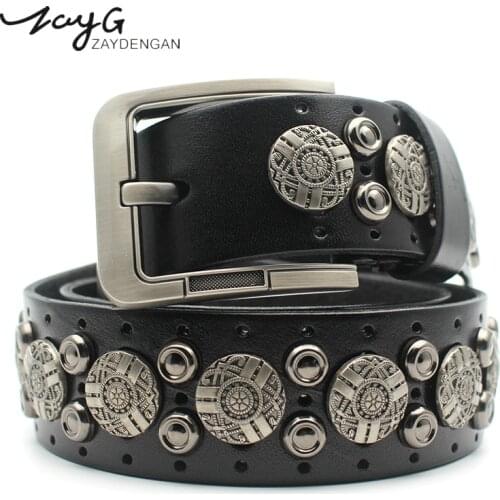 ZAYG Fashion Punk Carved Rivet Neutral Belts National Wind Retro Leather Belt&Woman Belt Unique Inlaid Jeans Designer Pin Belts