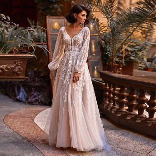 Magic Awn Full Sleeves Boho Wedding Dresses 2021 Lace Appliques Illusion Beach Bridal Gowns A-Line Princess Vestido De Novia