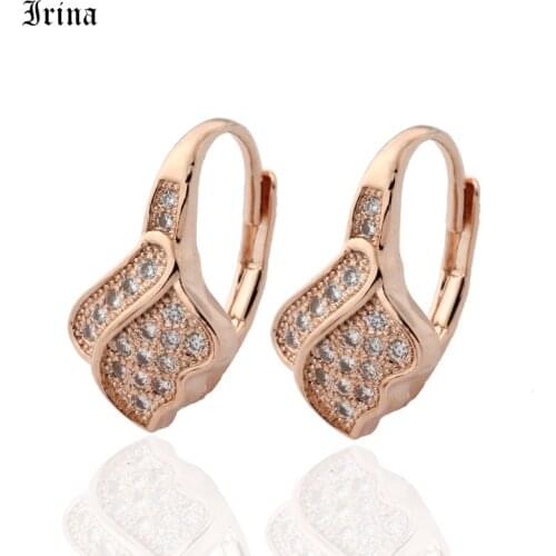 Irina New Leaf Shape Hollow Earring 585 Rose Gold Women Cute Fine Party Fashion Jewelry White Round AAA Zircon Drop Earring