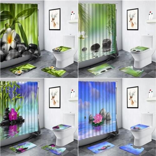 Zen Garden Scenery Shower Curtains Water Green Bamboo Black Stone Lotus Landscape Bathroom Carpet Toilet Non-slip Bath Mats Sets