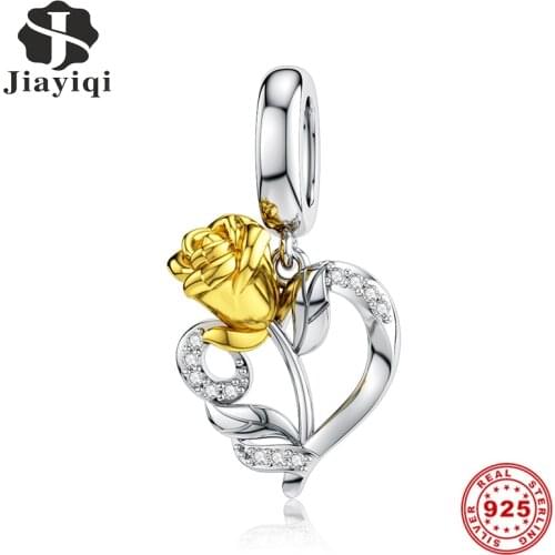 Jiayiqi Golden Rose Heart-Shaped Charms 925 Sterling Silver CZ Beads Fit Original Bracelets DIY ValentineS Day Jewelry