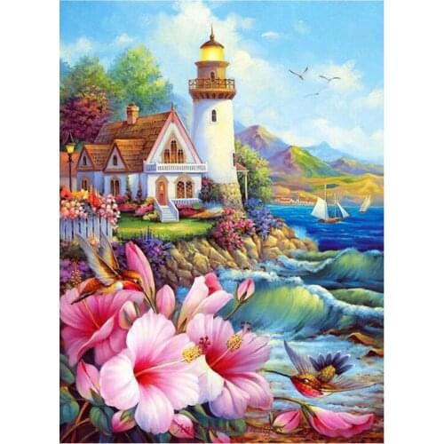 Beadwork paintings,diamond embroidery beacon,Full square round Diamond mosaic diamond painting Landscape lighthouse rose decor