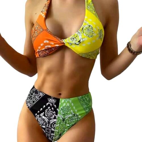 New IN Bikini Print Stitching Swimsuit Tie Knotted Swimsuit High Leg Cut Thong Swimwear Push Up Bathing Suit Bodysuit Beach